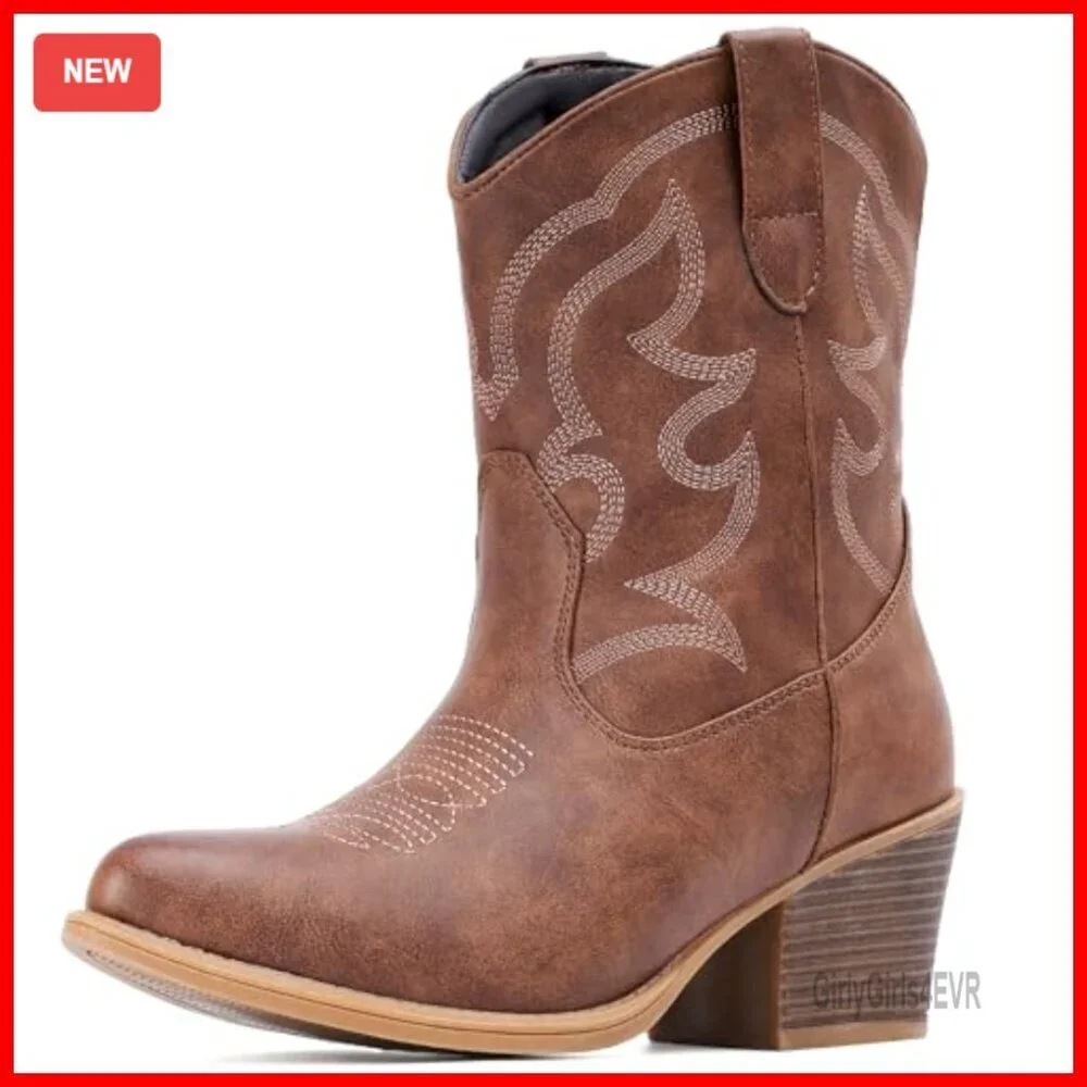 Women's Wide Calf Suede Ankle Western Cowgirl Boots Pointed Toe Chunky